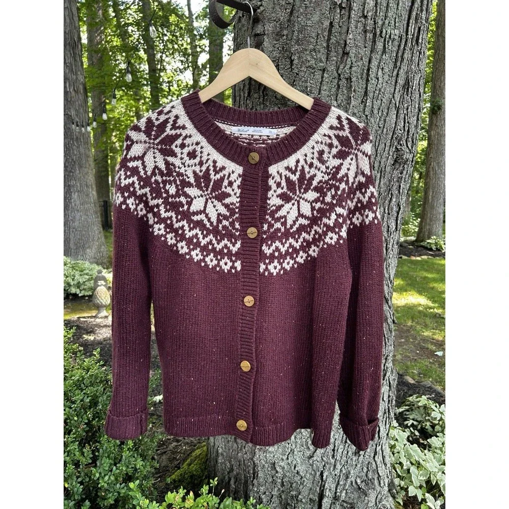 Woolrich Cardigan Sweater Size Large Fair Isle Nordic Wool Blend Maroon Snow